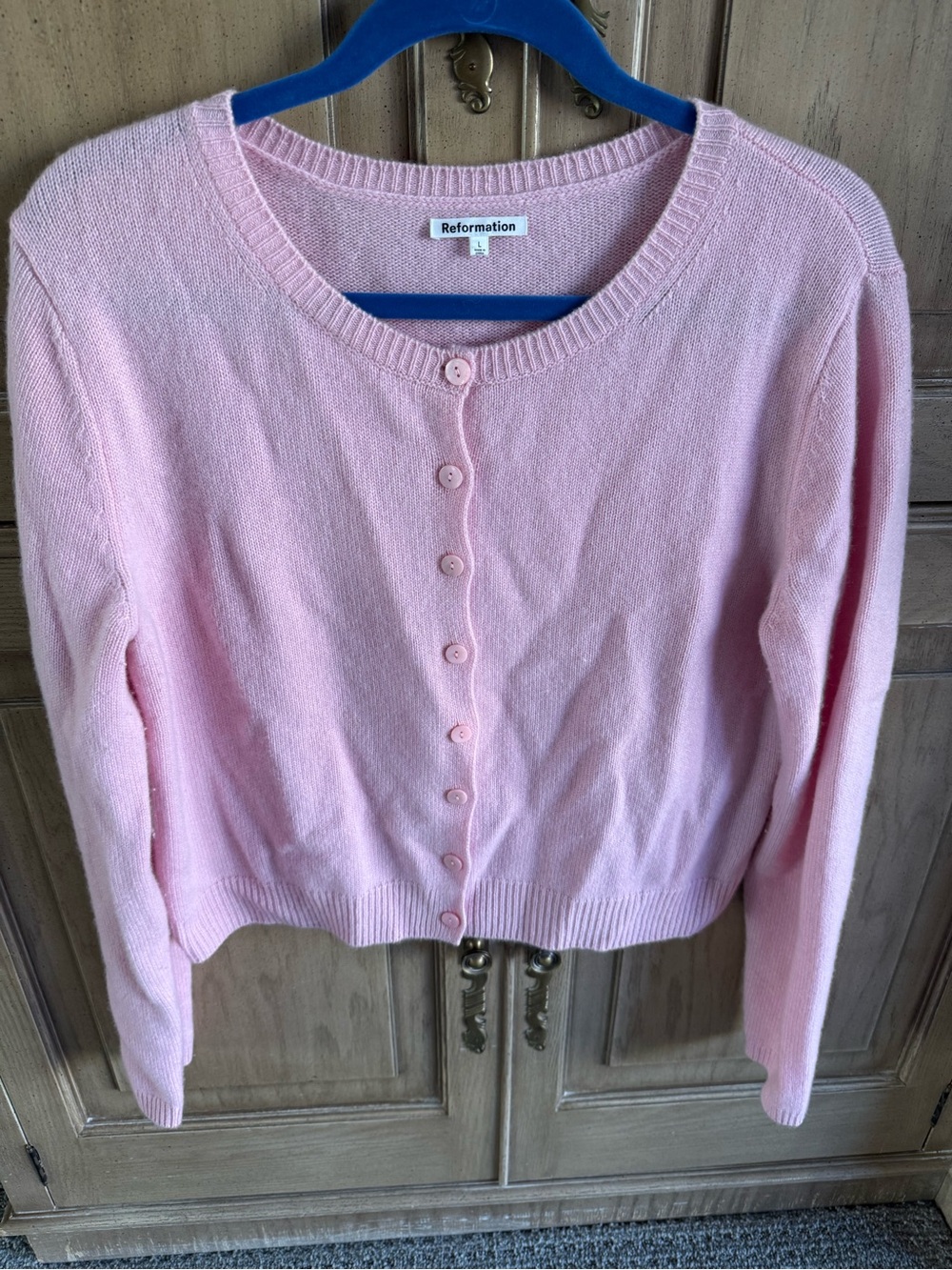 Reformation Light Pink Cashmere Button-Front Cropped Cardigan